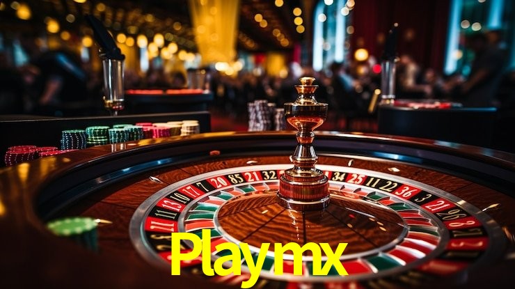 Una escena digital vívida inspirada en casino con Playmx mostrado prominentemente, luces brillantes, fichas, cartas y acentos dorados.