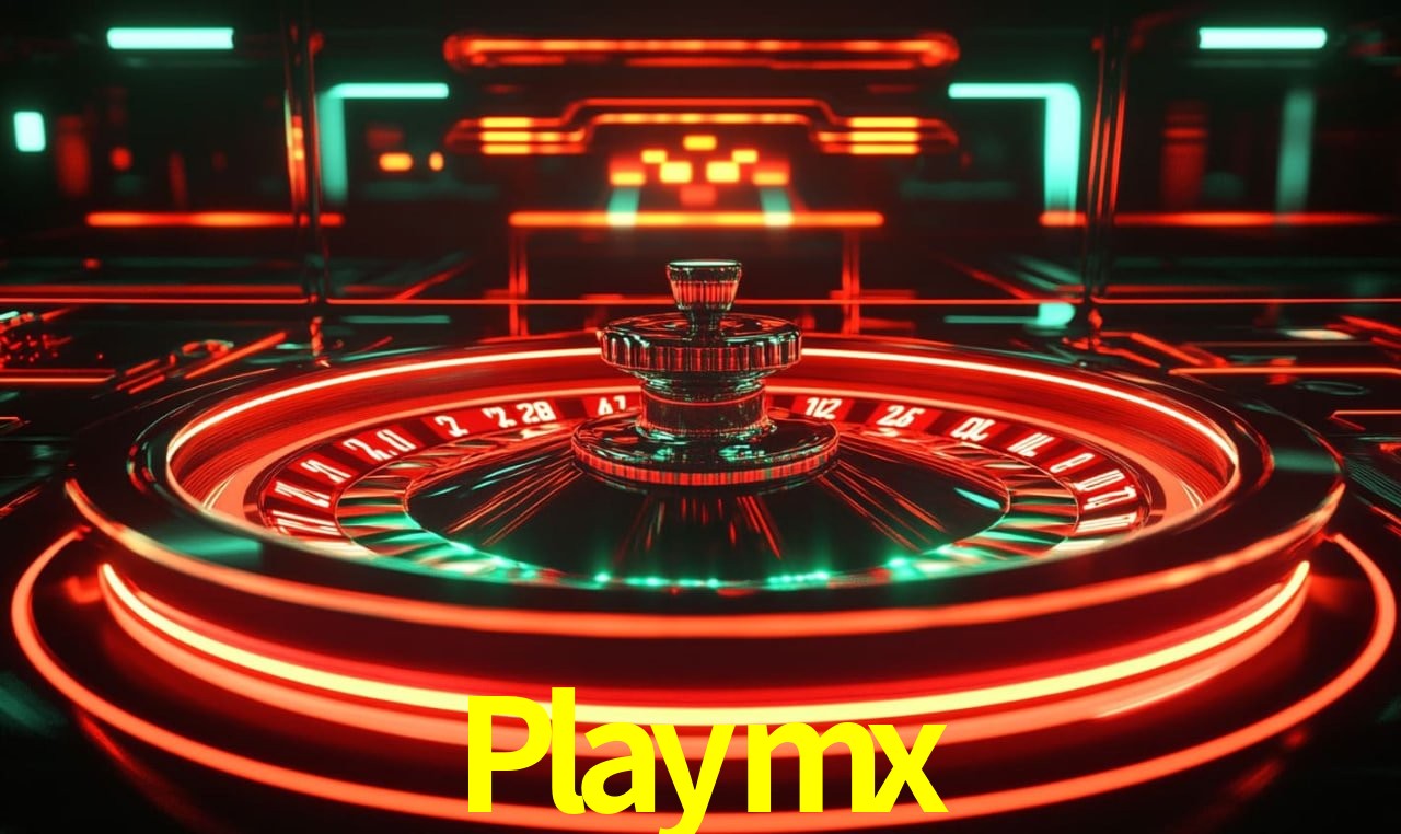 Escena dinámica inspirada en casino con iluminación Playmx, cartas, fichas e íconos de juegos digitales en un espacio moderno de juegos.