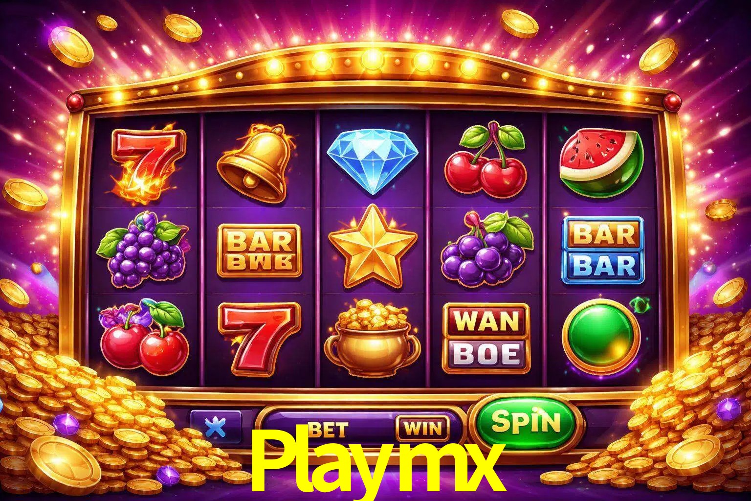 Una interfaz colorida de tragamonedas en línea con símbolos brillantes, monedas y un efecto de victoria celebratoria en Playmx.