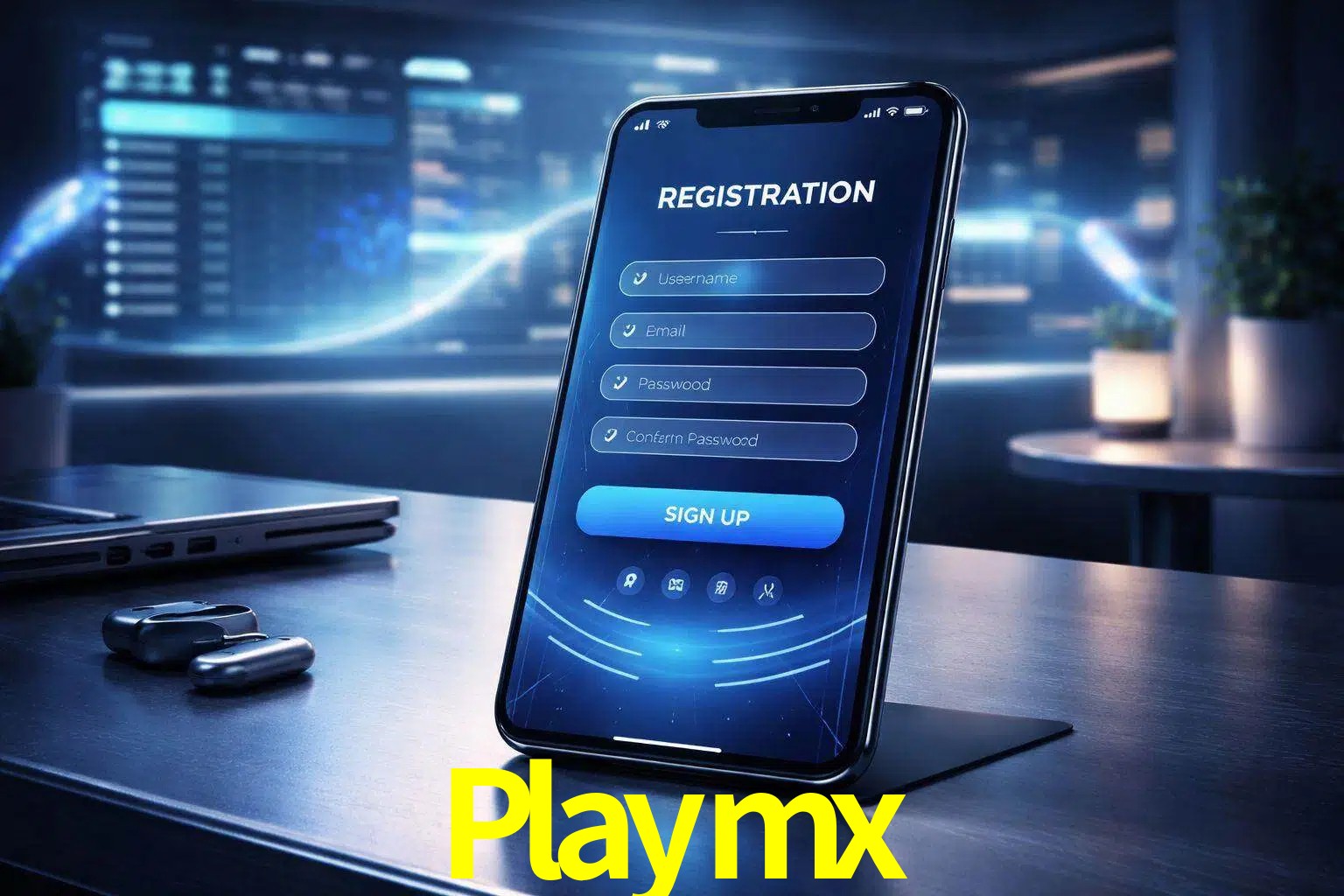 Una interfaz moderna de registro móvil para Playmx mostrada en un smartphone con un panel de apuestas elegante.